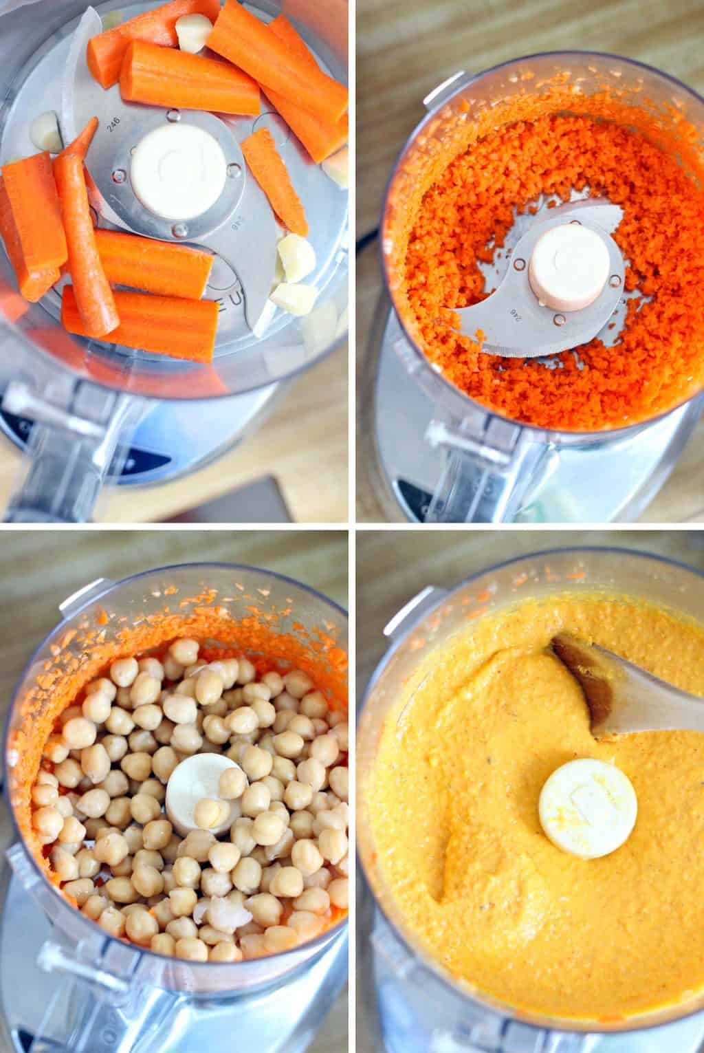 Four photos showing the process of pureeing hummus ingredients in a food processor.