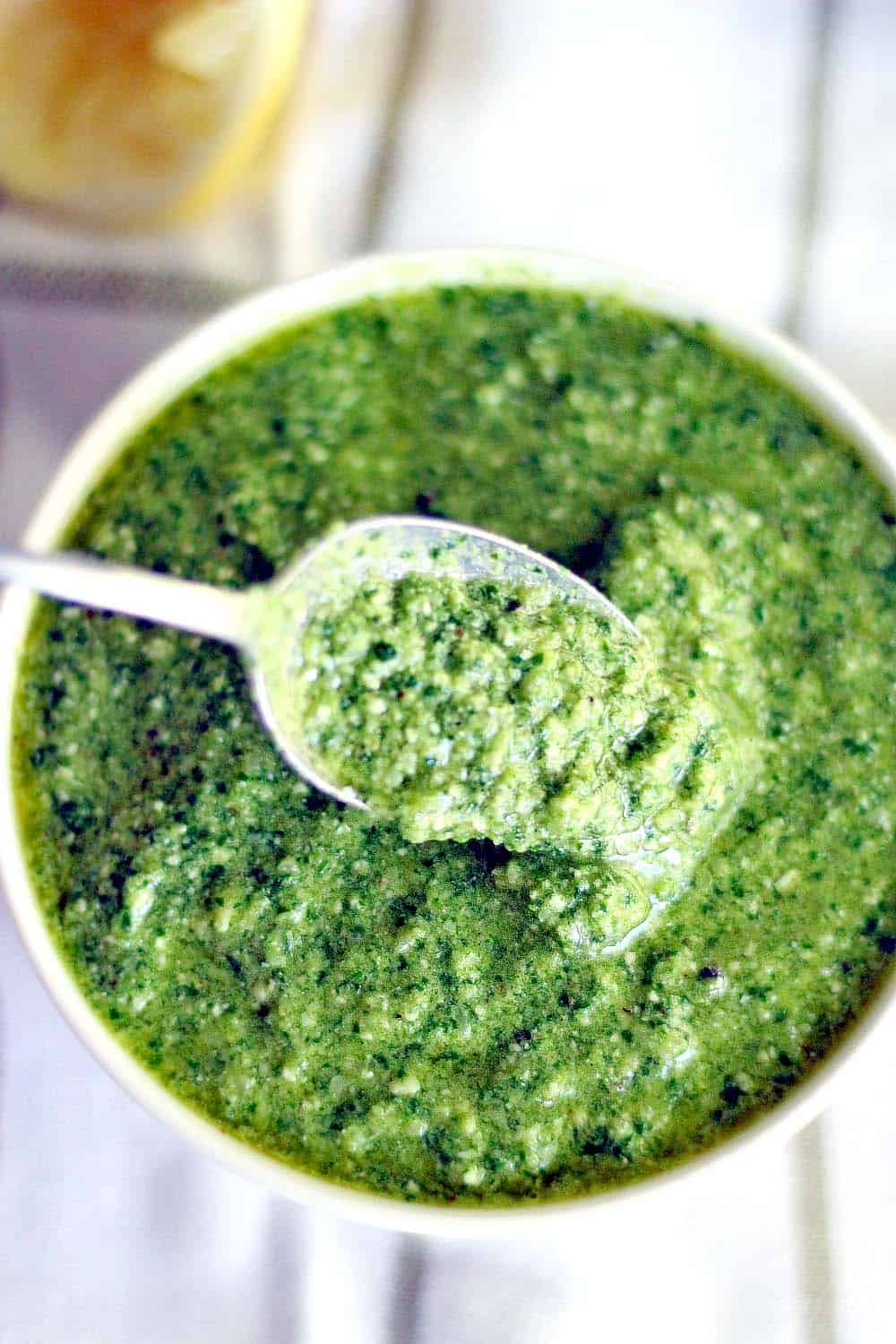 This Lemon Arugula Pesto comes together in five minutes! It's healthy, peppery, bright, fresh, and has a little bit of a kick to it!
