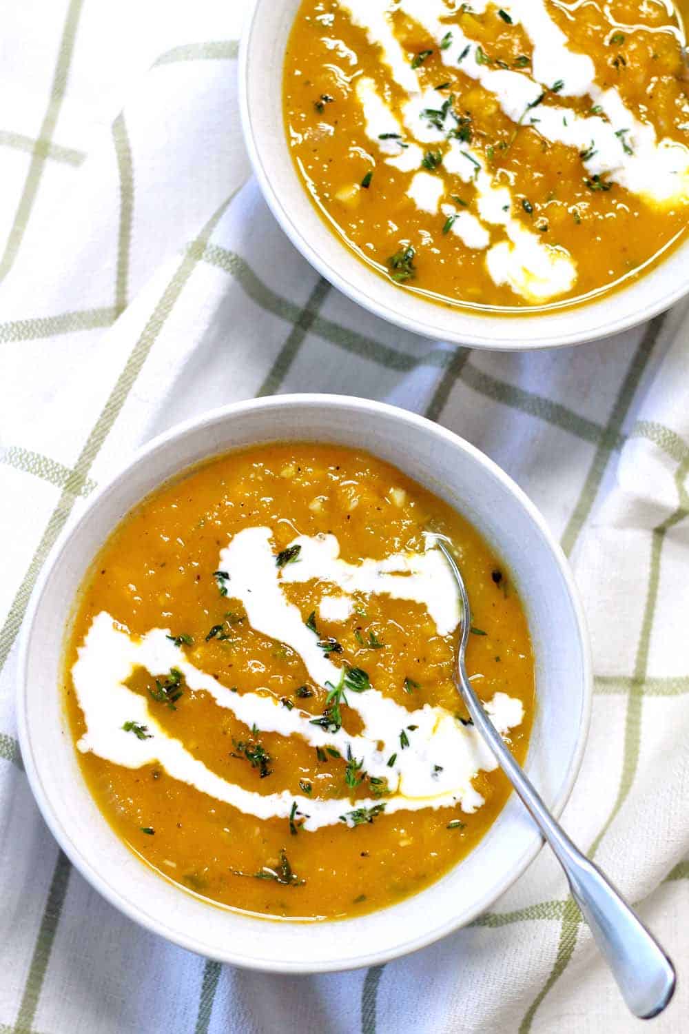This healthy and delicious butternut squash and thyme soup could not be easier to make! It's like fall in a bowl.