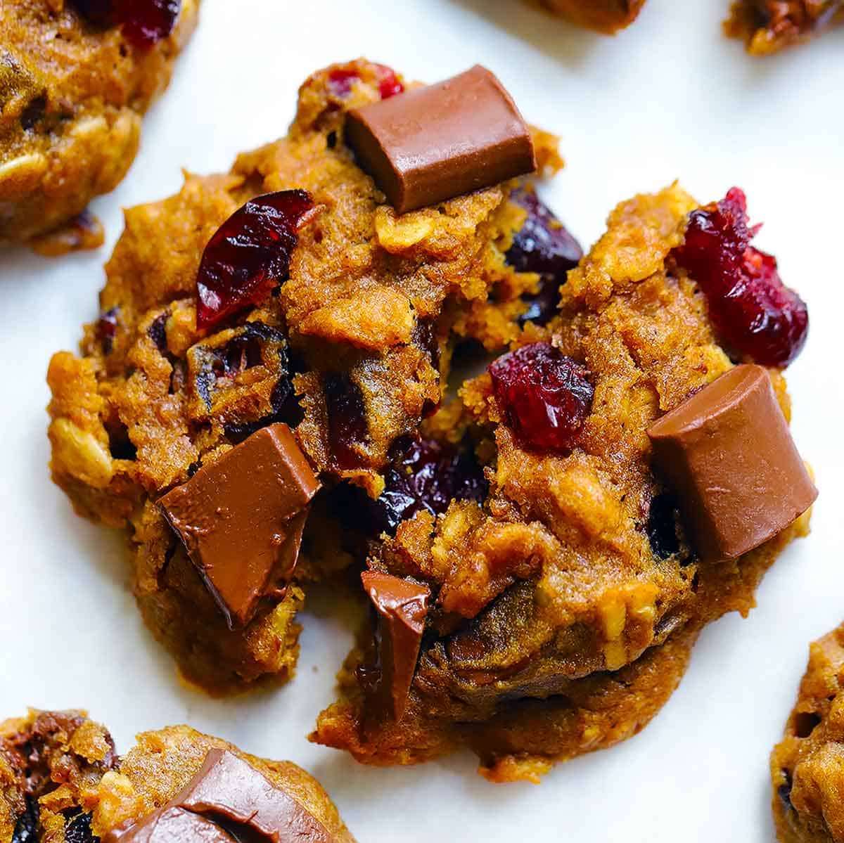 Pumpkin Oatmeal Cookies with Chocolate Chunks and Cranberries