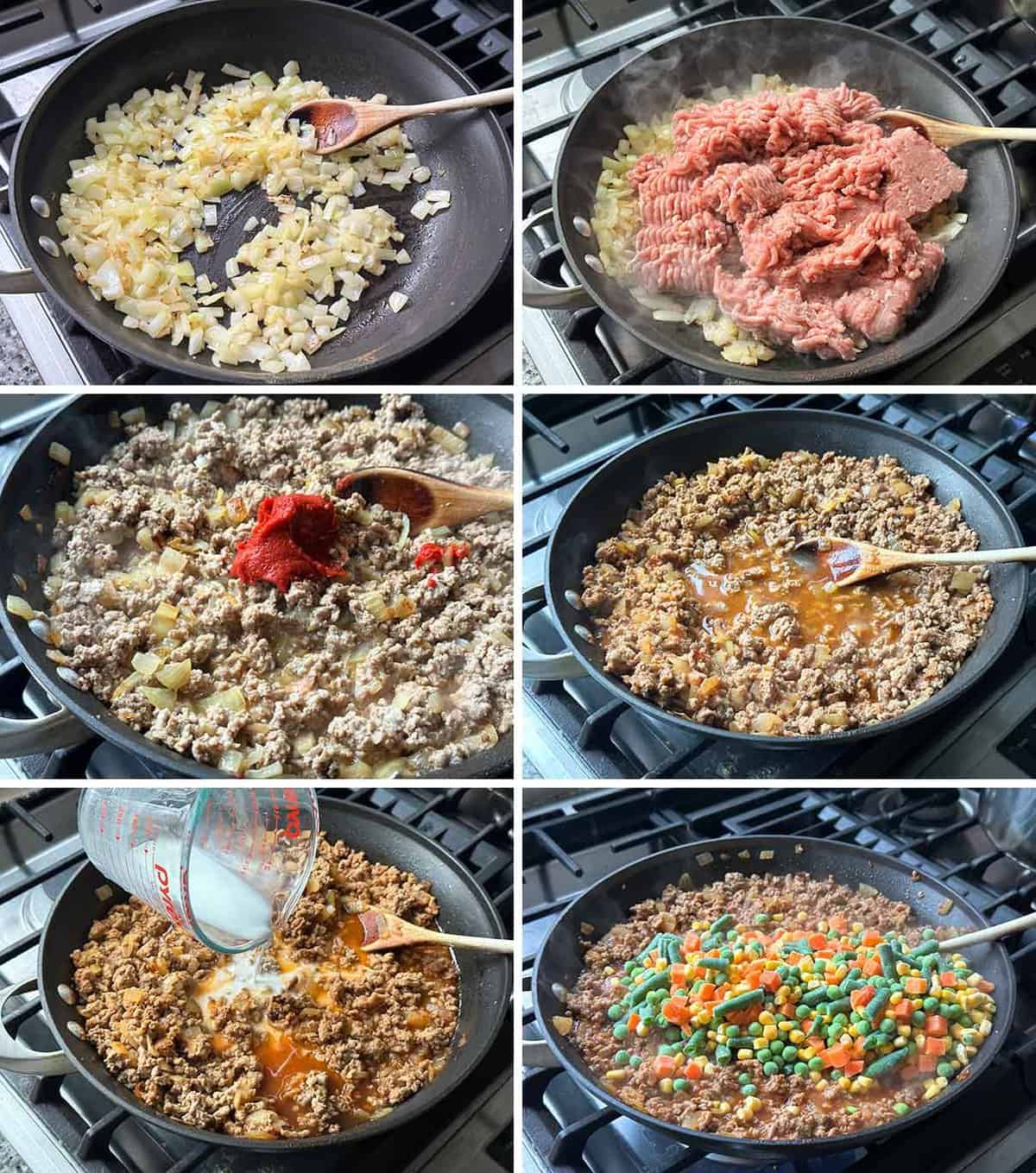 Process collage showing how to make the filling for a ground turkey shepherd's pie.