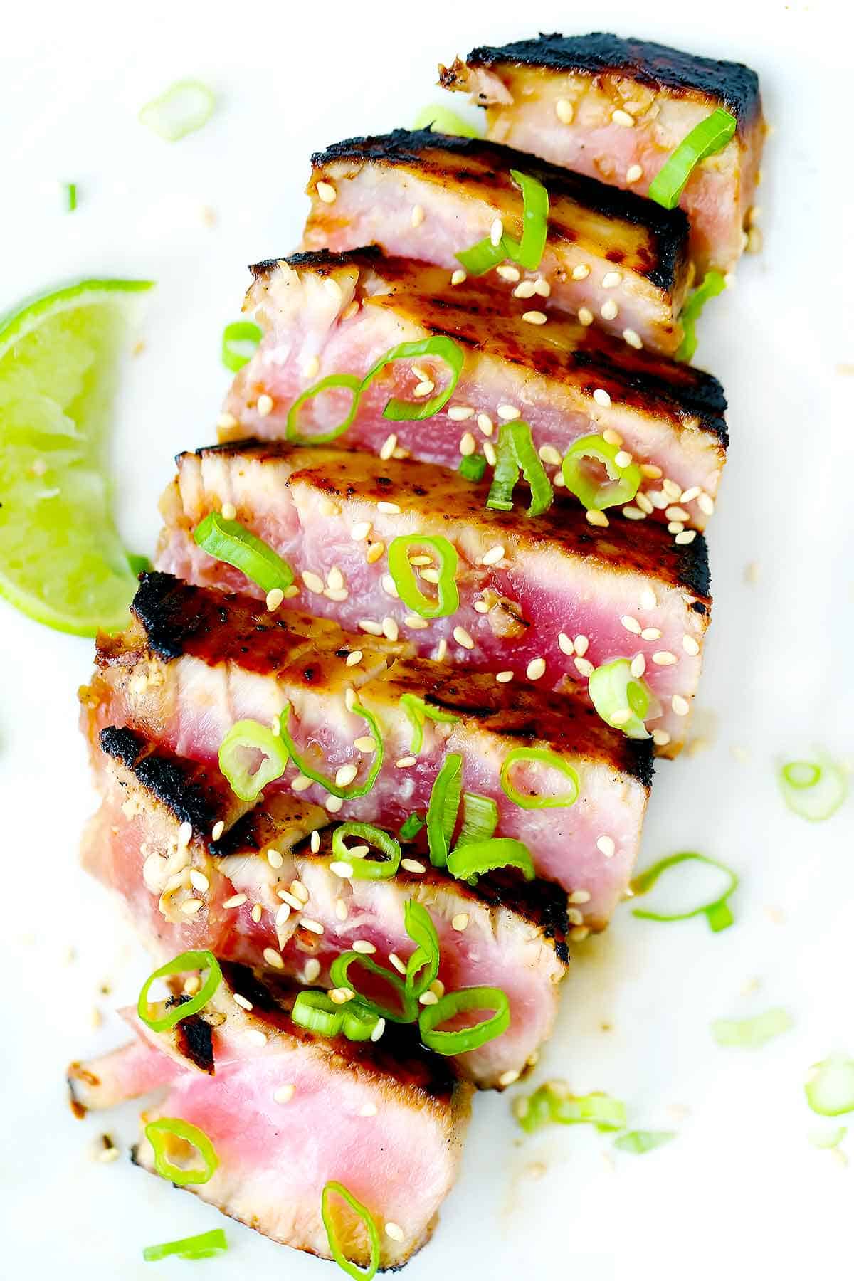 A close up photo of a seared ahi tuna steak