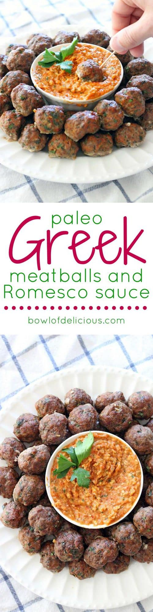 This Paleo/Whole30 baked version of Greek Meatballs (Keftedes) are paired with a super easy Romesco Sauce. The PERFECT make-ahead appetizer for your next party!