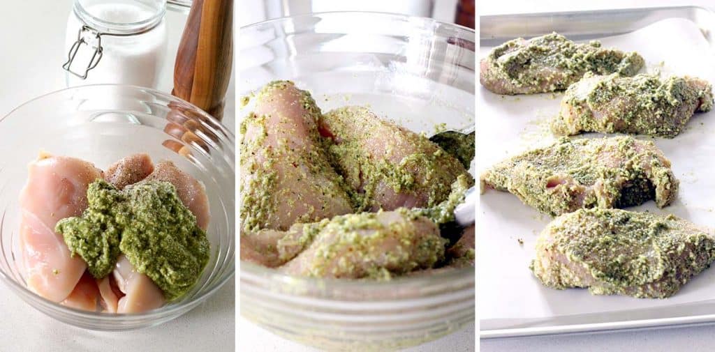 Pesto Baked Chicken Breasts: TWO INGREDIENTS is all you need for this healthy, paleo, low carb, lean protein to enjoy as a main course or to add to salads, pizza, sandwiches, etc.