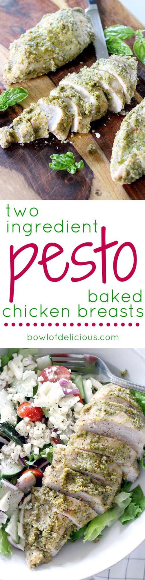Pesto Baked Chicken Breasts: TWO INGREDIENTS is all you need for this healthy, paleo, low carb, lean protein to enjoy as a main course or to add to salads, pizza, sandwiches, etc.