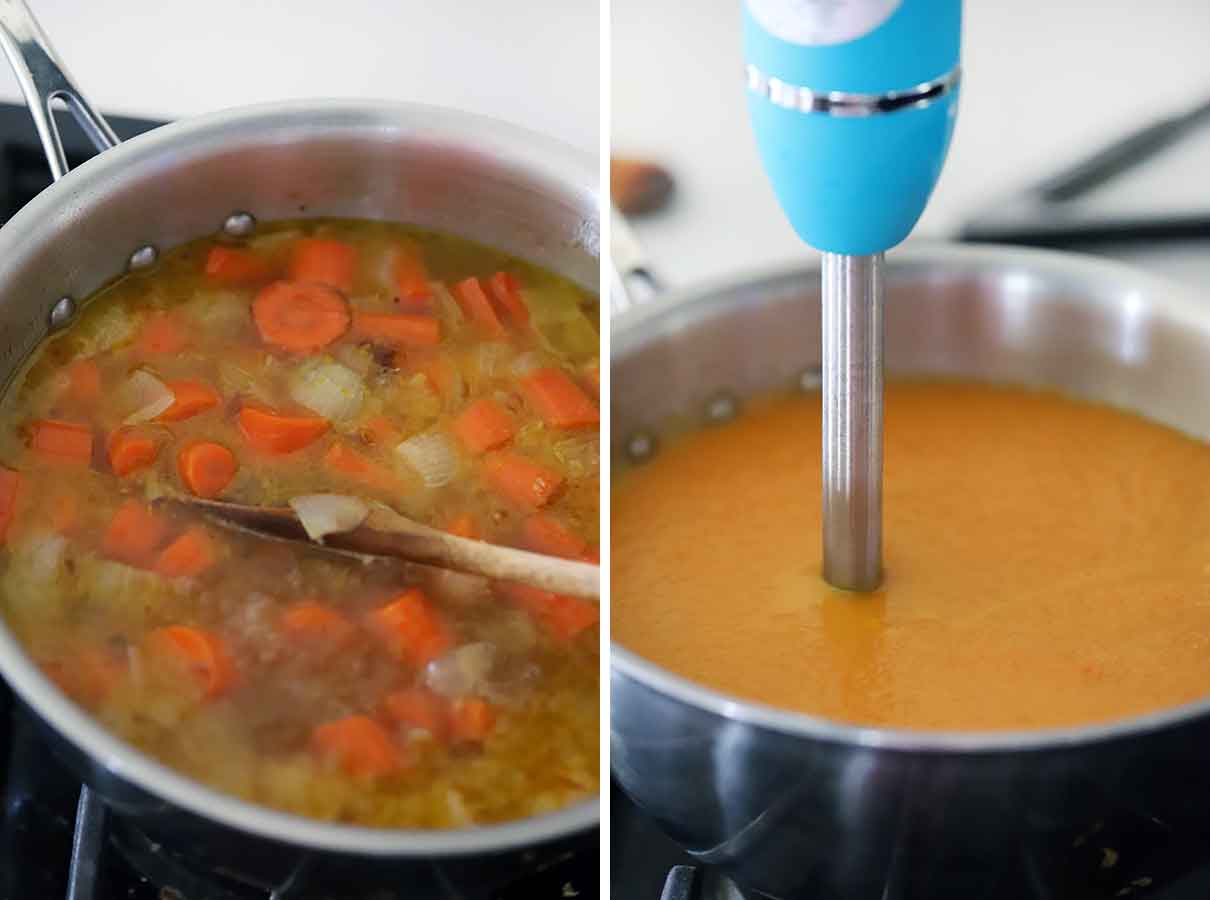 using an immersion blender to puree carrot soup