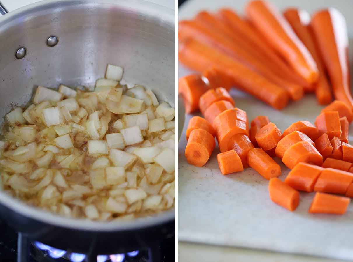 Onions sautÃ¨ing in brown butter and chopped carrots
