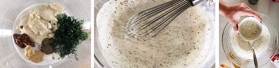 Whisking buttermilk dill dressing with mustard in a bowl