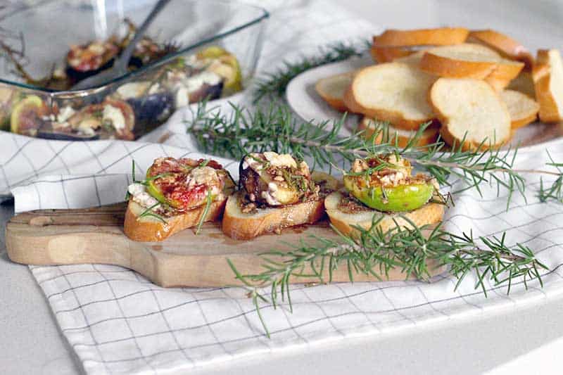 There is NO better way to enjoy fresh figs than roasted, warm, straight out of the oven with melted goat cheese and a sweet, savory, and tangy dressing made from rosemary, honey, and balsamic vinegar spread over crostini. DELICIOUS!