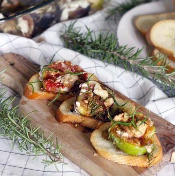 There is NO better way to enjoy fresh figs than roasted, warm, straight out of the oven with melted goat cheese and a sweet, savory, and tangy dressing made from rosemary, honey, and balsamic vinegar spread over crostini. DELICIOUS!