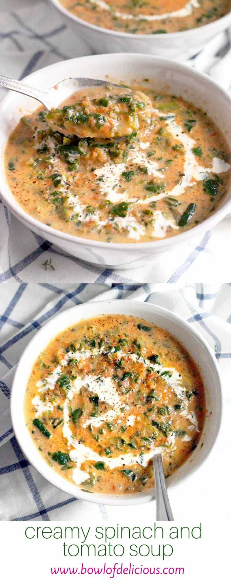 This Creamy Tomato and Spinach Soup is so simple, and decadent tasting, and it's packed with healthy spinach, carrots, and tomatoes!