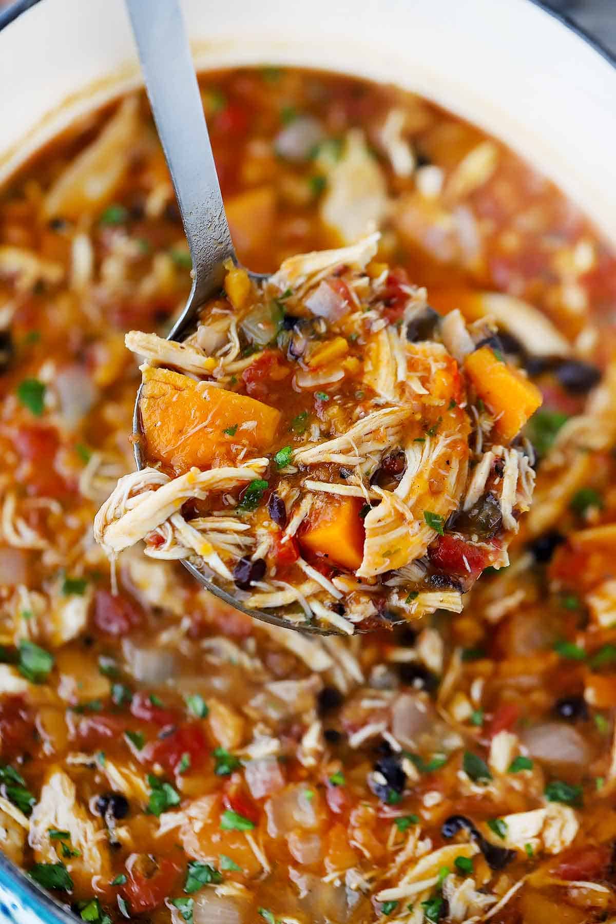 A ladle full of chicken, sweet potato, and black bean stew.