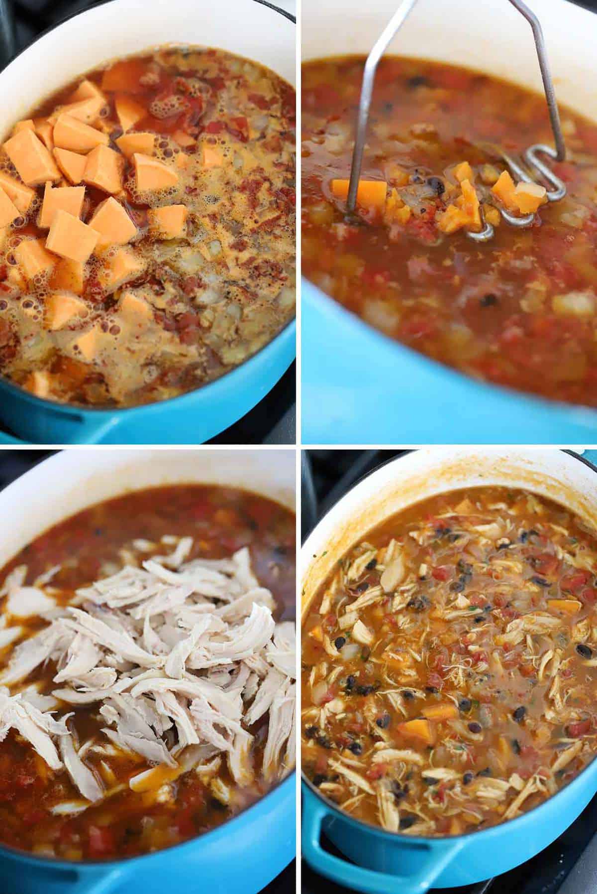 Step by step photo collage of how to make chicken stew with sweet potatoes and black beans.