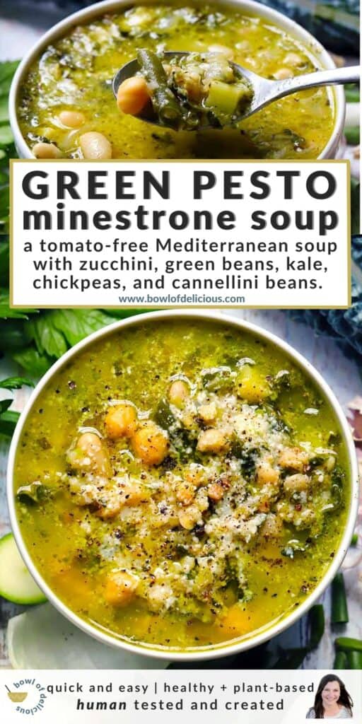 Pinterest graphic for green pesto minestrone soup, with a spoonful of soup lifted from a bowl and a close-up bowl of green broth with chickpeas, white beans, and Parmesan below.