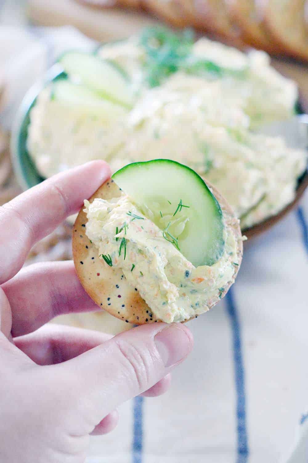 This veggie cream cheese is great as a dip for crackers or veggies, and equally amazing on sandwiches with cucumber slices as a light lunch or classy appetizer. It's gluten-free, vegetarian, and only takes a few minutes to make!
