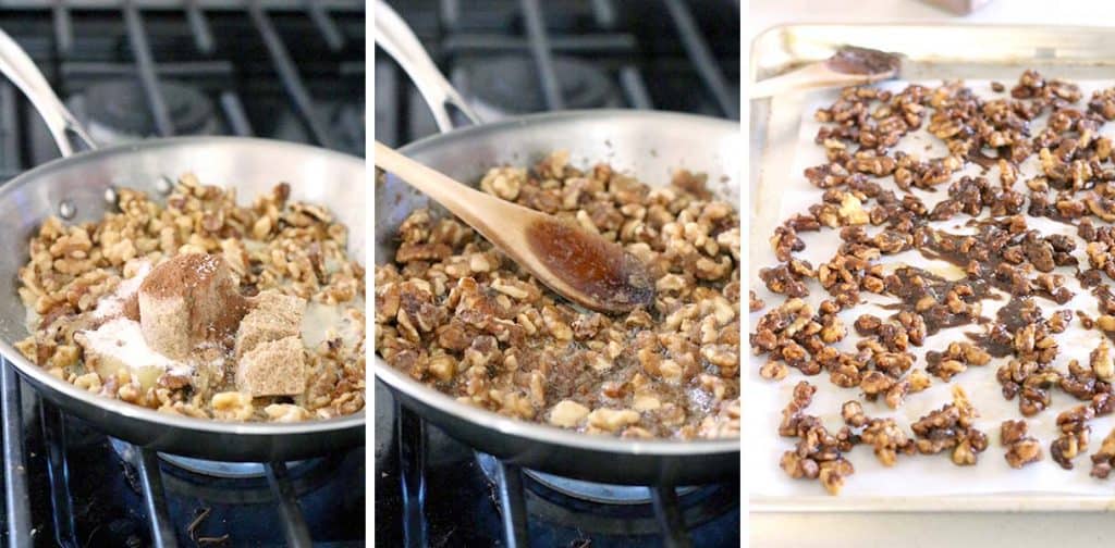 This candied walnut recipe takes only 5 minutes and 5 ingredients! Eat as a sweet treat, toss with a salad, or serve on a cheese board. Perfect as a holiday gift packaged in mason jars. | www.bowlofdelicious.com