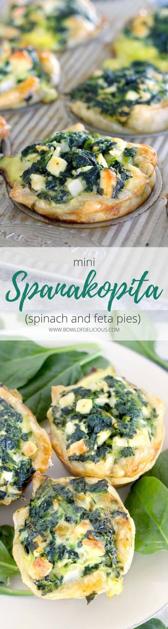 These Mini Spinach Feta pies are an easy alternative to traditional Greek Spanakopita, with only 5 ingredients and 10 minutes of hands on time! These are packed FULL of healthy spinach, and a perfect vegetarian entree or appetizer. #Spanakopita #SpinachPie #GreekFood #MediterraneanFood #Appetizer #PuffPastry #Vegetarian