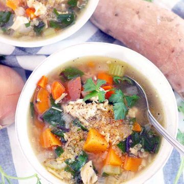 This Chicken Soup with Quinoa, Sweet Potatoes, and Greens is warm, cozy, delicious, and packs a huge nutritional punch. It's gluten free, freezable, and inexpensive to make, and it only takes about 30 minutes to throw together!