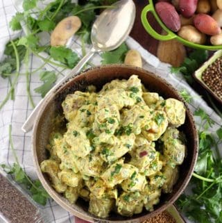This Nepalese Potato Salad, or Chukauni, is a yogurt-based potato salad. It's gluten-free, healthy, and creamy, and it's packed full of delicious spices such as fenugreek, turmeric, cumin, cilantro, and cayenne. From Raghavan Iyer's Smashed, Mashed, Boiled, and Baked cookbook.