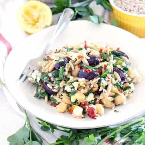 This easy Chickpea and Orzo Salad recipe has all the flavors of the Mediterranean- olives, feta, sun dried tomatoes, and garlic- with an awesome crunch from toasted almonds. It's packed with fiber and nutrients and is great as a side at a potluck or an entire meal.