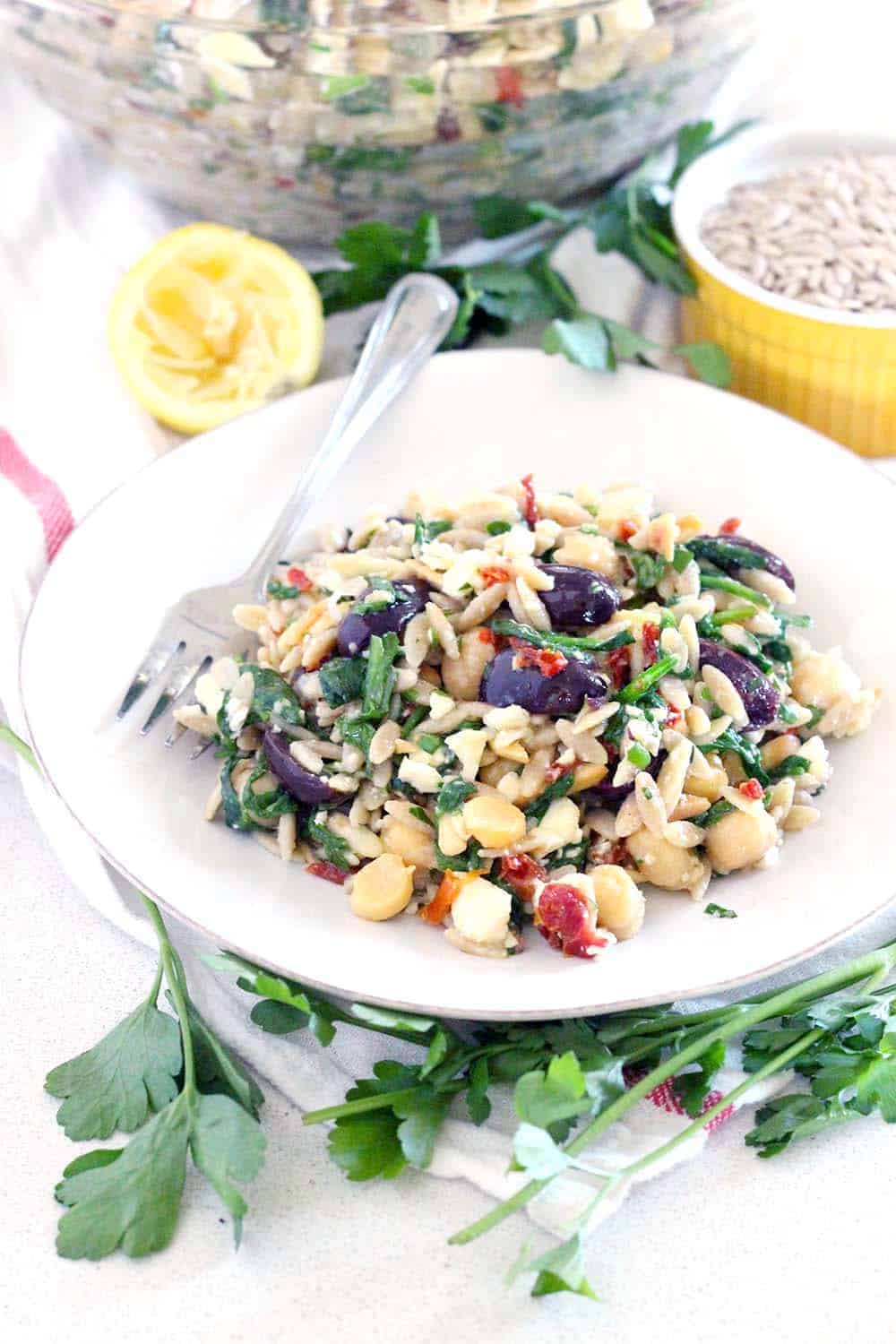 This easy Chickpea and Orzo Salad recipe has all the flavors of the Mediterranean- olives, feta, sun dried tomatoes, and garlic- with an awesome crunch from toasted almonds. It's packed with fiber and nutrients and is great as a side at a potluck or an entire meal.