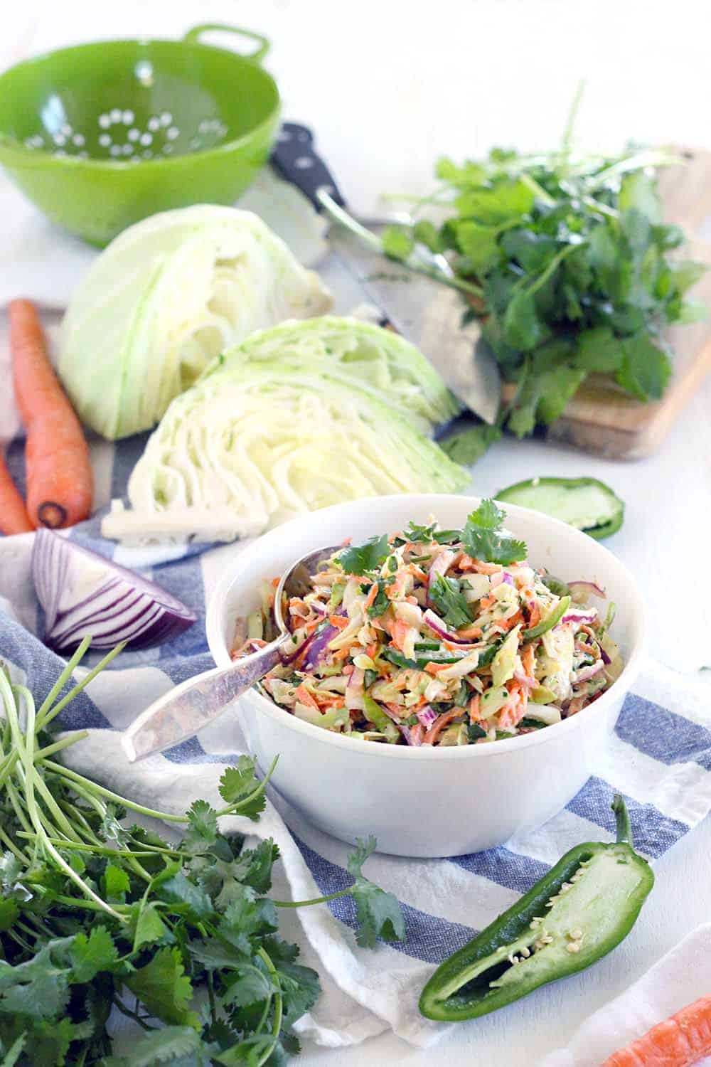 This easy, delicious recipe for Spicy Jalapeno Cilantro Slaw is great as a side, or on top of your favorite pulled pork sandwiches or fish tacos! Vegetarian, vegan optional, low carb, and paleo compliant.