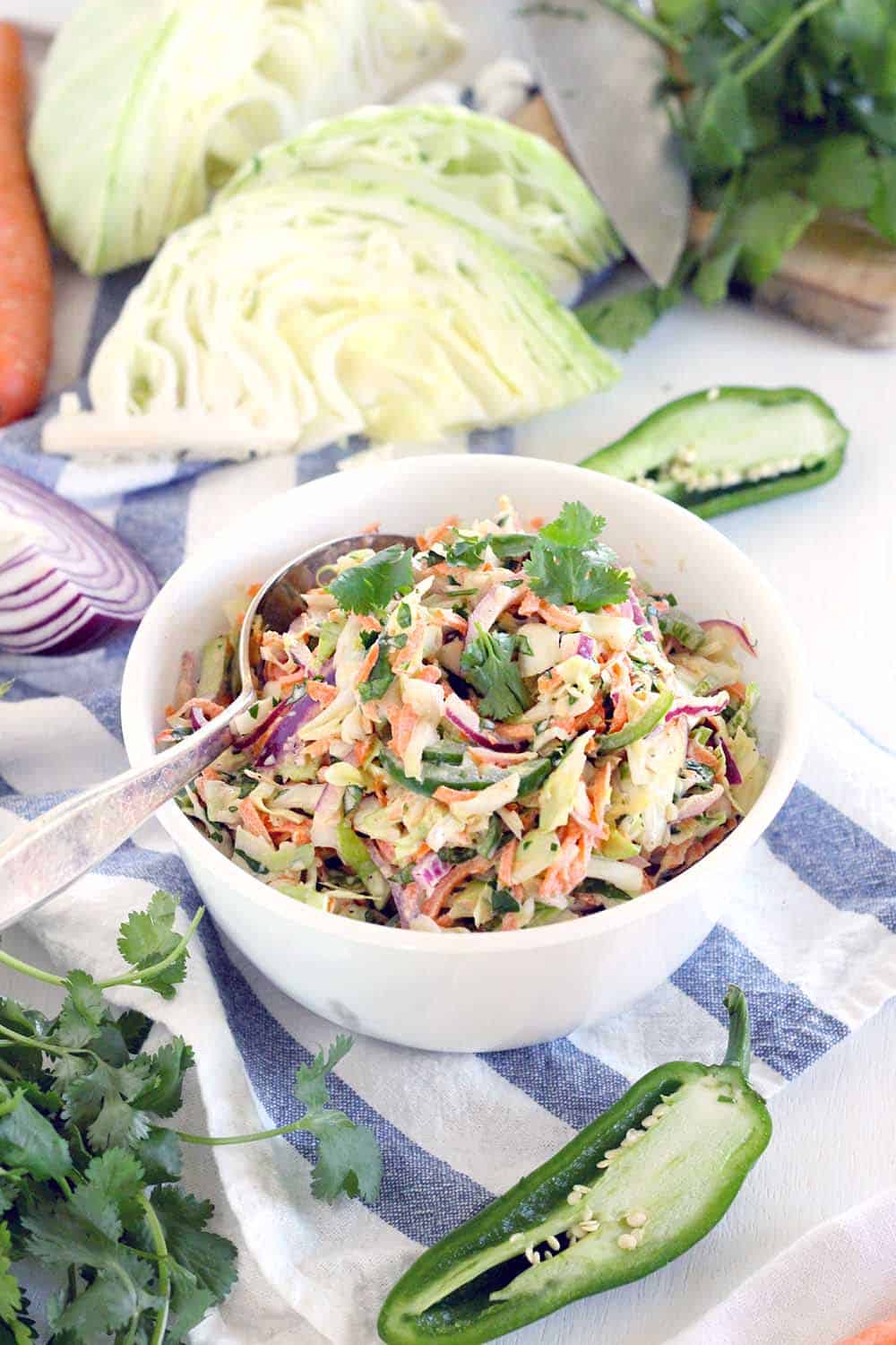 This easy, delicious recipe for Spicy Jalapeno Cilantro Slaw is great as a side, or on top of your favorite pulled pork sandwiches or fish tacos! Vegetarian, vegan optional, low carb, and paleo compliant.