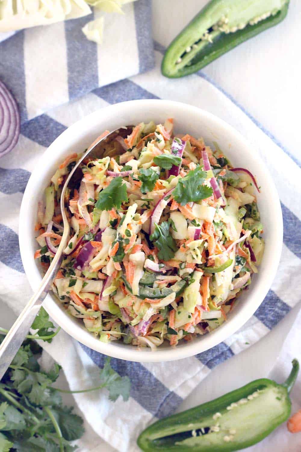 This easy, delicious recipe for Spicy Jalapeno Cilantro Slaw is great as a side, or on top of your favorite pulled pork sandwiches or fish tacos! Vegetarian, vegan optional, low carb, and paleo compliant.