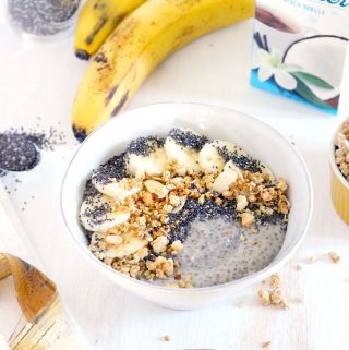 You only need three ingredients for this dairy-free Banana Pudding Smoothie Bowl with Chia Seeds recipe! Sweet french vanilla, creamy smooth banana, and a thick pudding consistency- a delicious vegan breakfast or dessert.