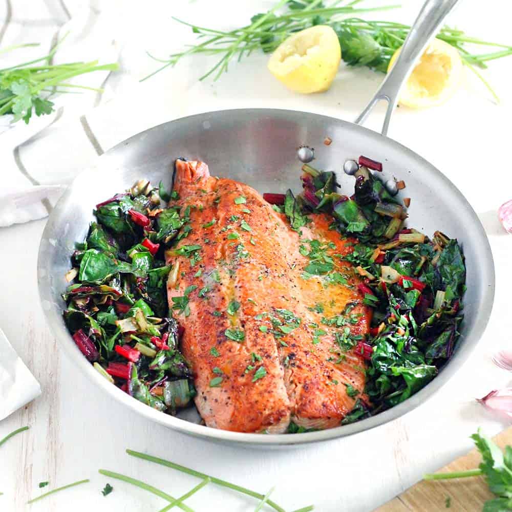 One Pan Garlic Butter Salmon And Swiss Chard Bowl Of Delicious