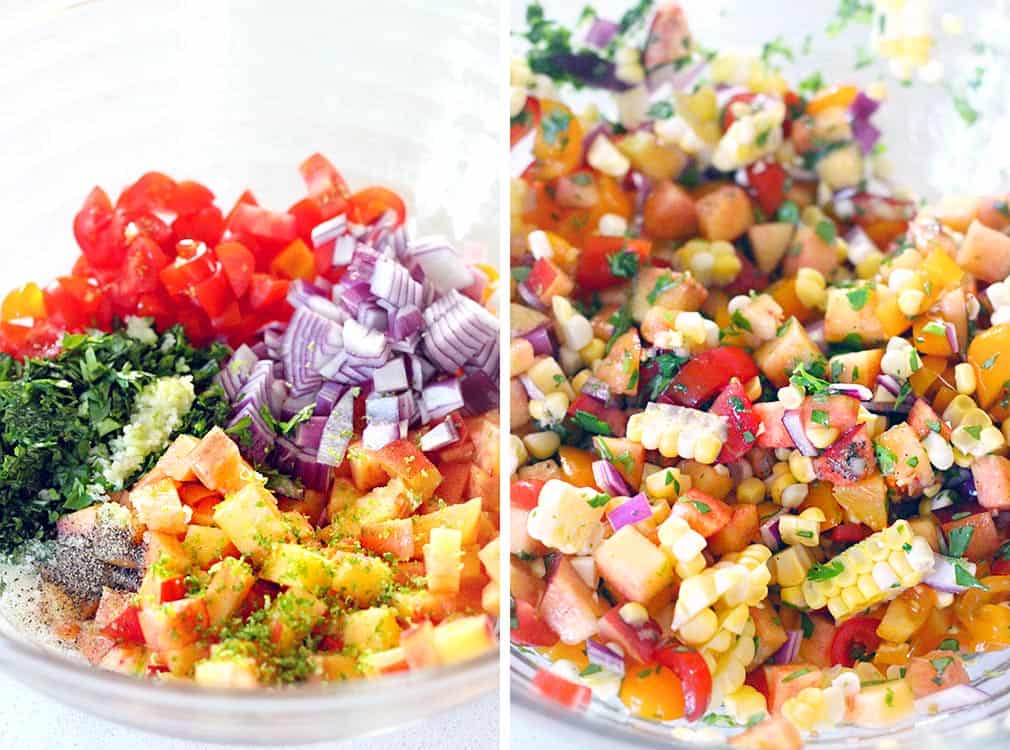 Full of fresh summer ingredients, this mild, simple summer peach salsa is great on chips, on tacos, on fish... it's slightly sweet, tangy, and pairs well with spicy, warm flavors. It's healthy, gluten-free, vegan, raw, and low-fat, and it's mild flavor makes it kid friendly.
