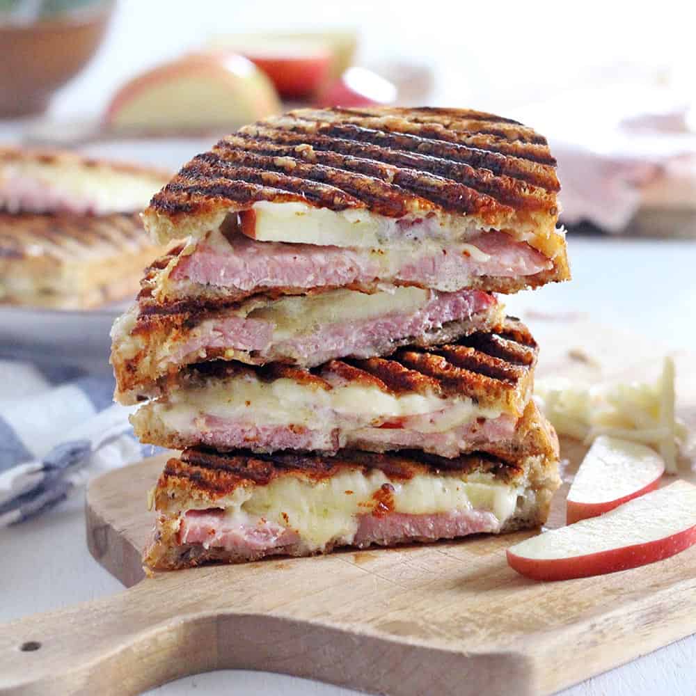These ham, apple, and swiss panini are the perfect fall sandwich! Use up leftover ham from the holidays and take advantage of the crisp apples the season has to offer.