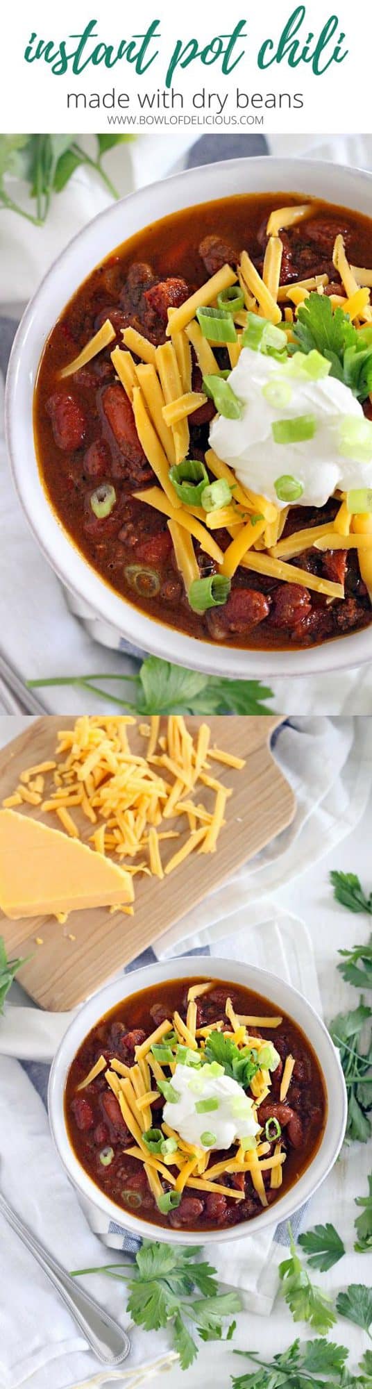 This Instant Pot Chili is made with ground beef and dry kidney beans, and comes together in less than an hour! It's cheap, healthy, and DELICIOUS. #instantpot #crockpot