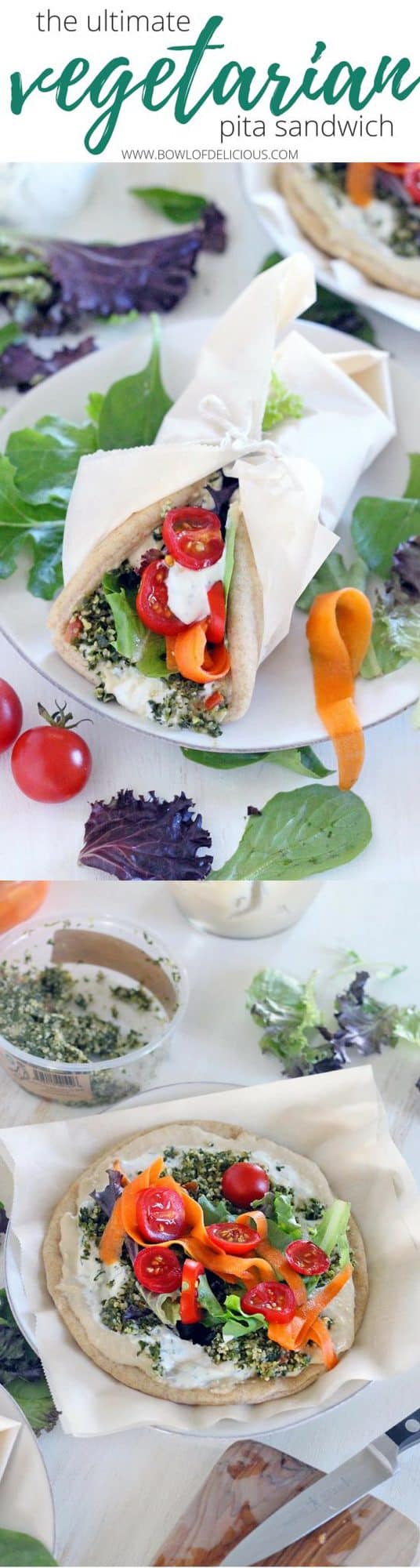 These are the ULTIMATE vegetarian pita sandwiches (vegan optional), piled high with hummus, tabbouleh, dill yogurt sauce, pickled veggies, greens, and tomatoes. Make in advance for lunch all week! #mealprep #vegetarian #sandwiches