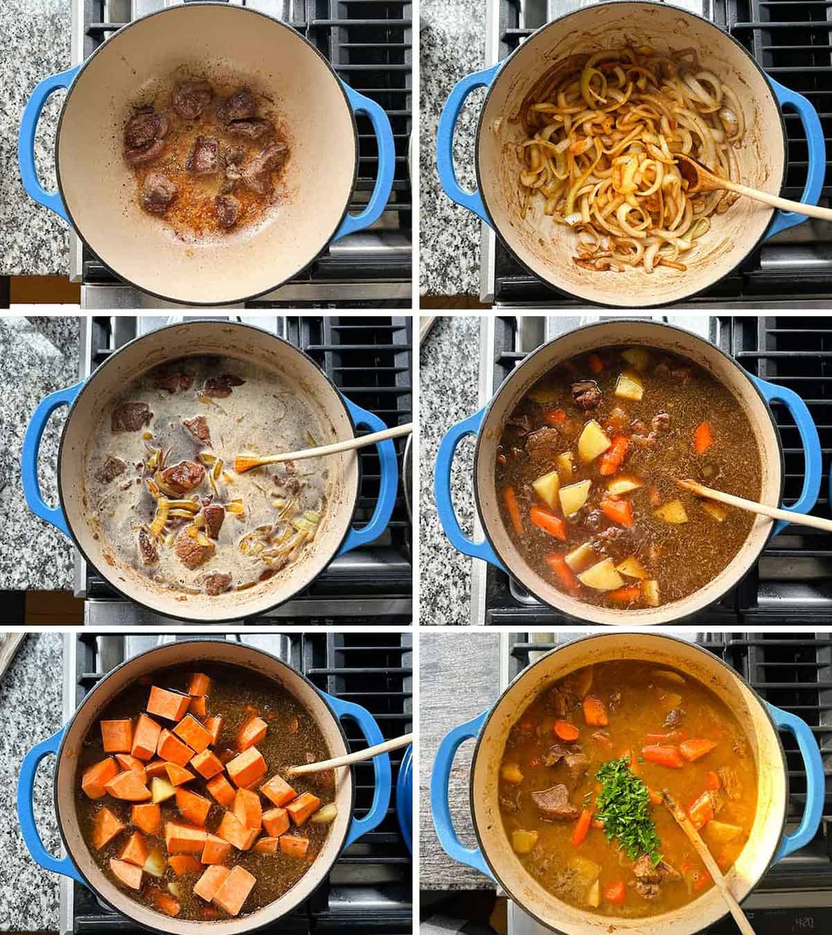 Process collage showing how to make Irish lamb stew in a Dutch oven.