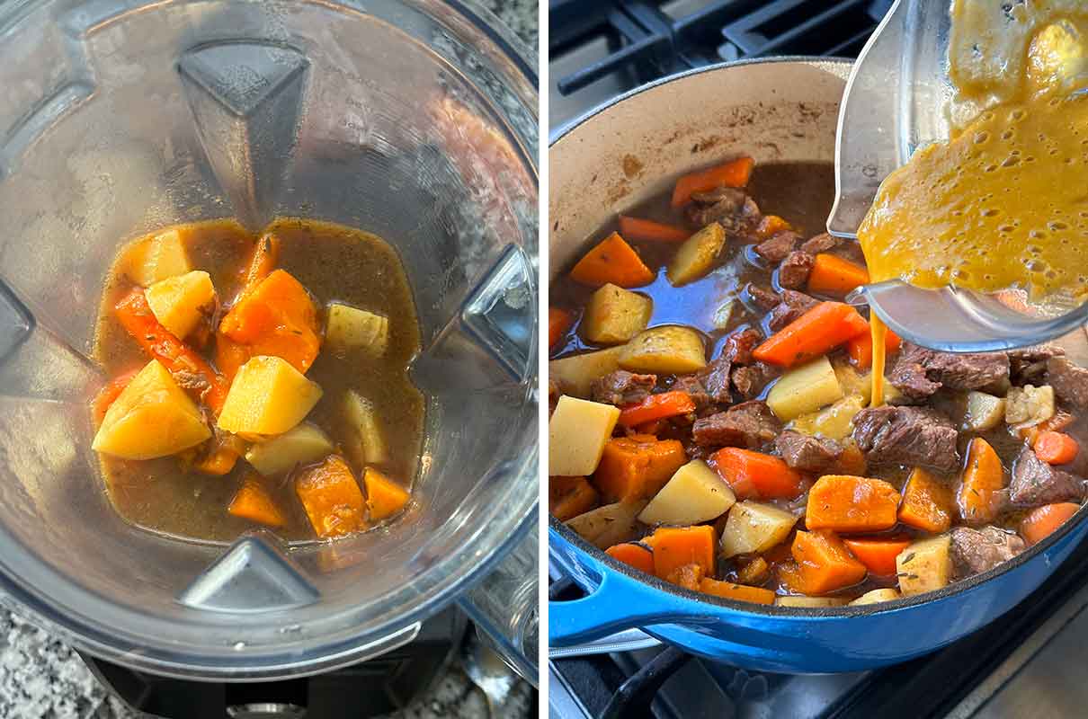 Making a lamb stew broth thickener with some of the potatoes, sweet potatoes, and carrots pureed in a blender and stirred back into the stew.