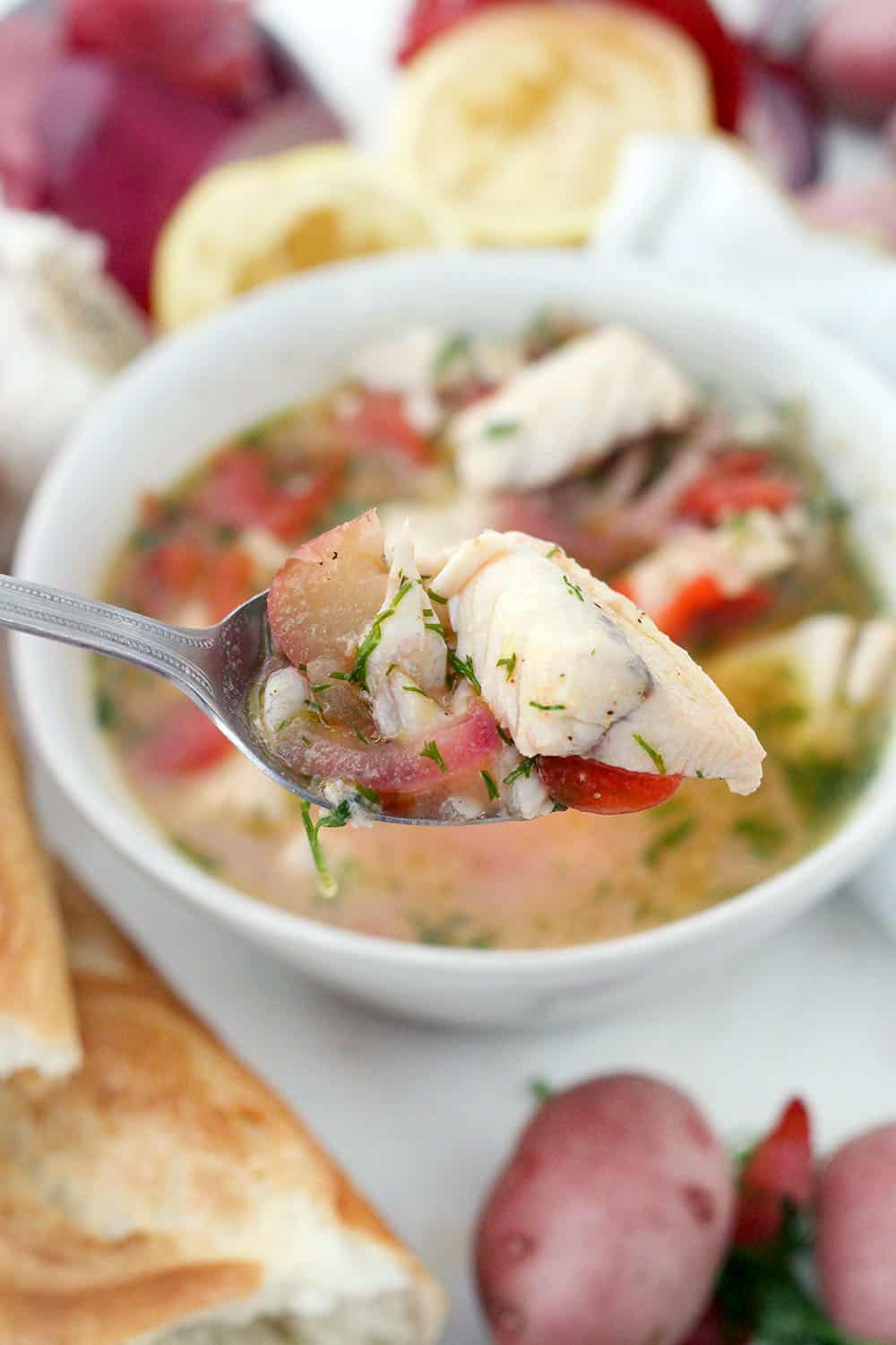 This Instant Pot Fish Stew is a delicious Mediterranean recipe year-round. It features sea bass, potatoes, and tomatoes, and it's flavored with fresh lemon juice, dill, and extra-virgin olive oil. It only takes 20 minutes to make in a pressure cooker!