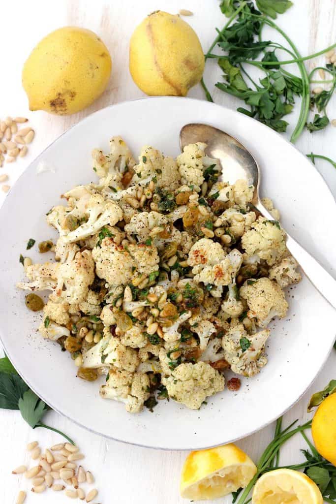 Roasted Cauliflower with Pine Nuts and Raisins Bowl of Delicious