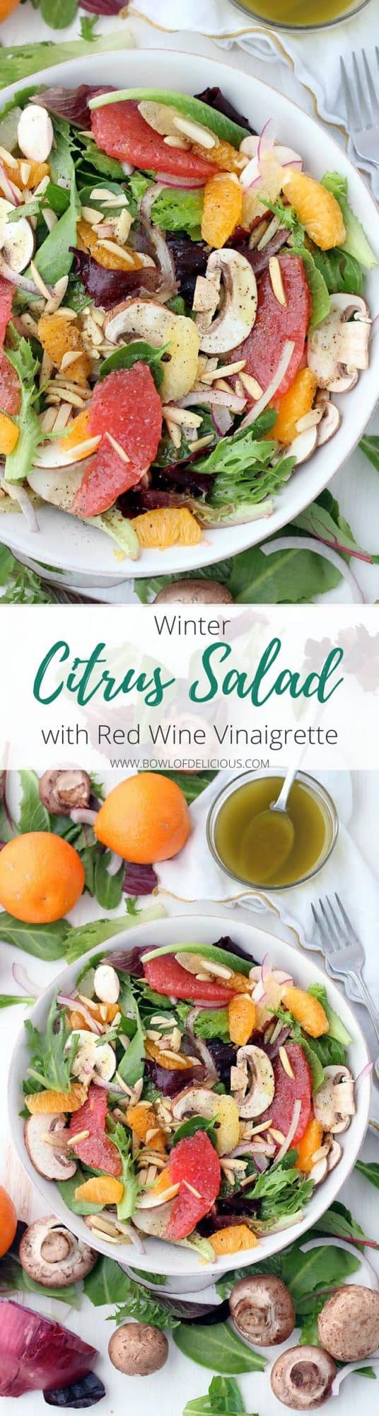 This delicious Winter Citrus Salad with Red Wine Vinaigrette is packed with seasonal Mandarin oranges and grapefruit. It's tossed with thinly sliced mushrooms, toasted almonds, and a versatile red wine vinaigrette, and is a great recipe for meal prepping! #Citrus #SaladRecipes #WinterRecipes #SeasonalRecipes #VeganRecipes
