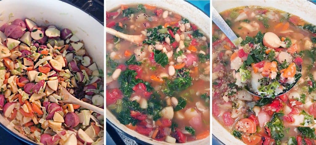 This Winter Minestrone Soup is packed with seasonal root vegetables like potatoes, parsnips, cabbage, and kale, as well as healthy quinoa and beans. Topped with plenty of extra-virgin olive oil and parmesan cheese, it's a delicious, hearty recipe to keep you warm this winter! Stovetop, Slow Cooker, and Instant Pot friendly.