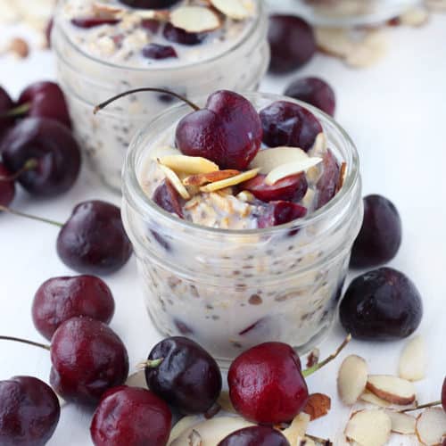 These Cherry Almond Overnight Oats taste decadent and creamy, but are completely dairy-free and naturally sweetened with honey or maple syrup. This recipe is great to make ahead for easy breakfasts all week long!
