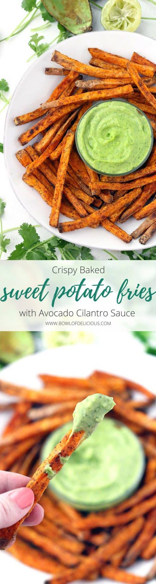 These crispy baked sweet potato fries are coated in chili powder, garlic, and a light coat of corn starch, which helps to make them crispy! Perfect for dipping into the cool, smooth, and creamy avocado cilantro sauce.