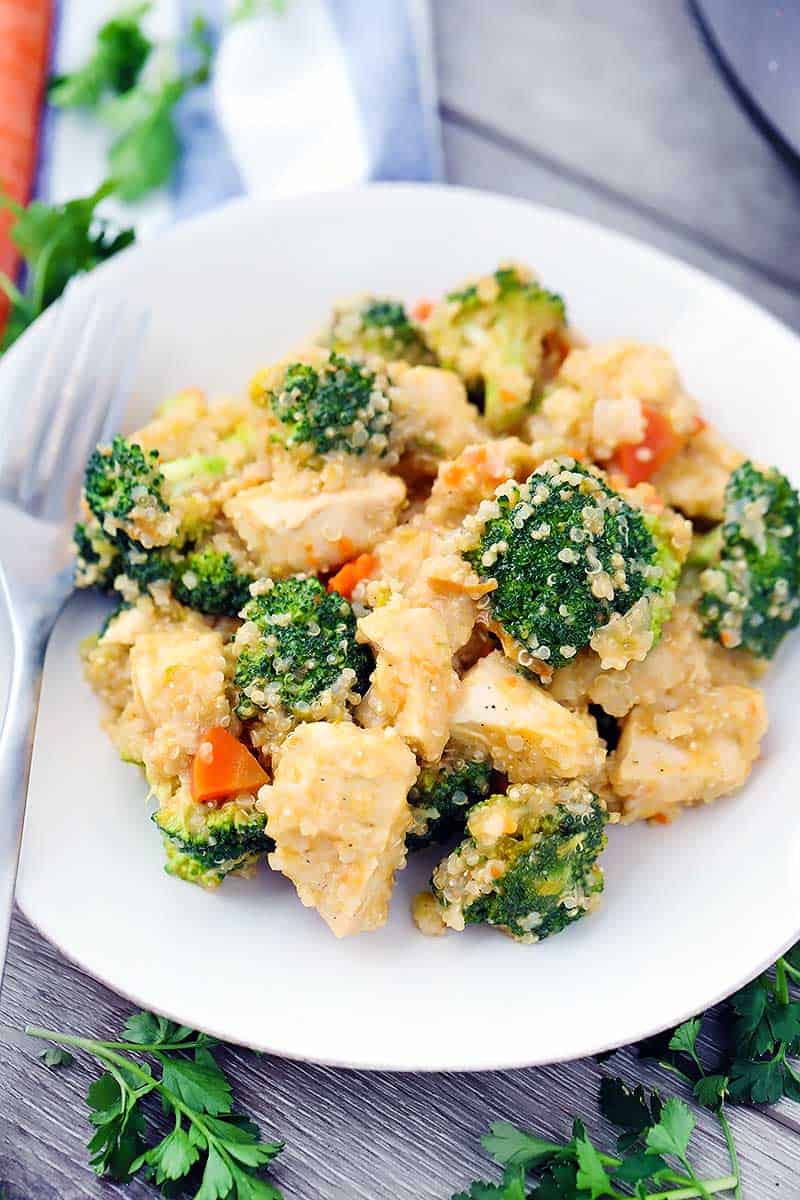 A plate with chicken, quinoa, and broccoli.
