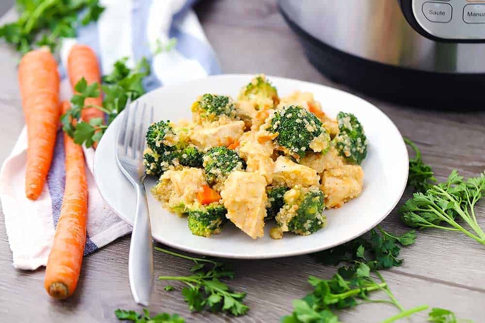Horizontal photo of chicken quinoa broccoli casserole.