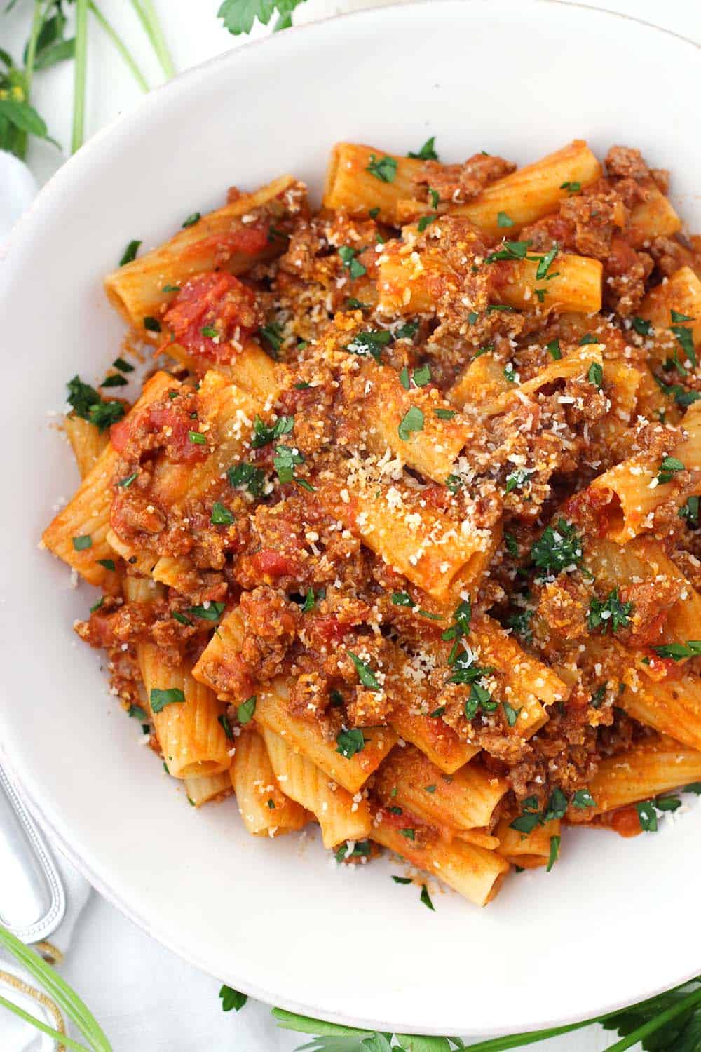 Five-Ingredient Pasta with Bolognese Sauce - Bowl of Delicious