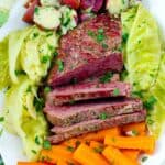 Square photo of Instant pot corned beef and cabbage.