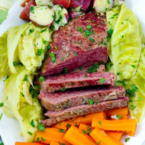 Square photo of Instant pot corned beef and cabbage.