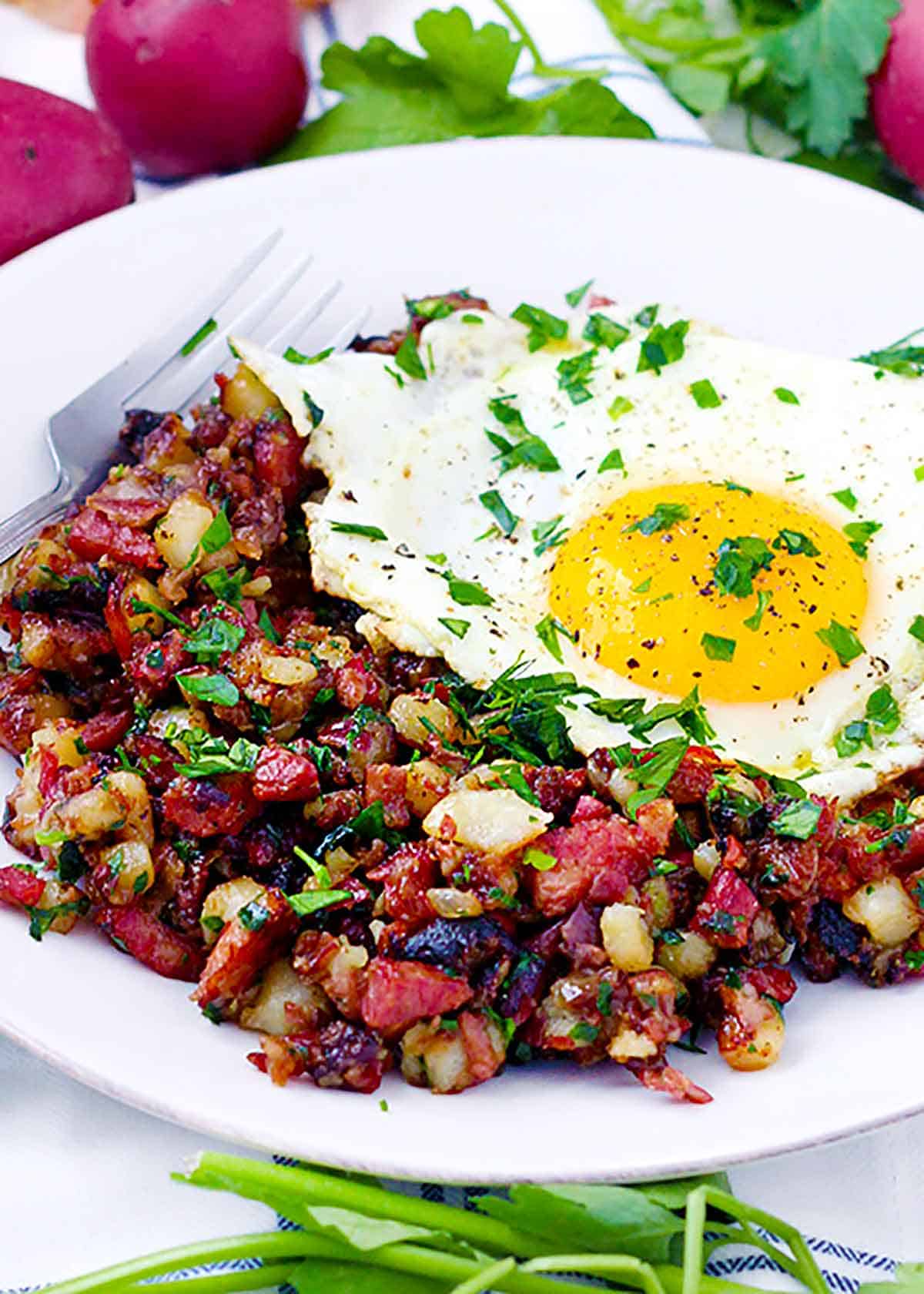 Side view of a plate of corned beef hash with a fried egg.