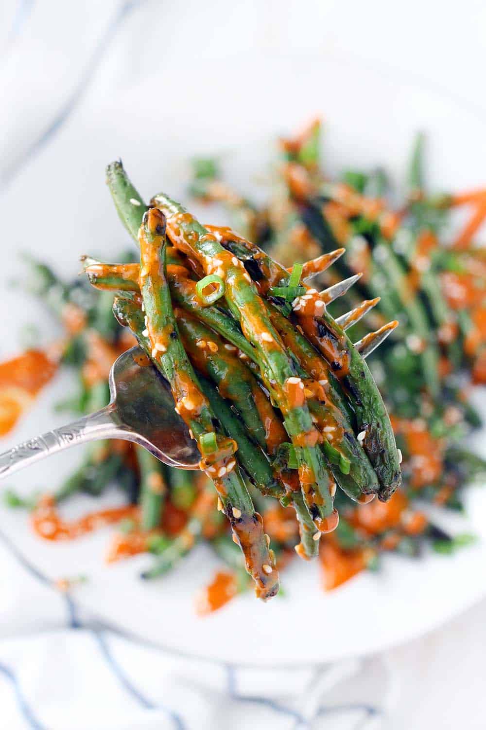 These grilled green beans are covered in spicy gochujang mayo with soy sauce and toasted sesame oil. This is the perfect low carb side dish, and they leftover mayo is amazing on sandwiches or on eggs! No grill? The beans can be sautéed or roasted as an alternative, and sriracha can be used as a substitute for gochujang.
