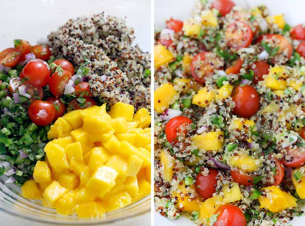 Served cold, this refreshing Mango Quinoa Salad is the perfect sweet/spicy balance, with jalapeños, cilantro, onion, and tomatoes. Make this vegan recipe ahead of time and serve straight out of the fridge! It's amazing paired with a spicy protein, like blackened tilapia or jerk chicken.